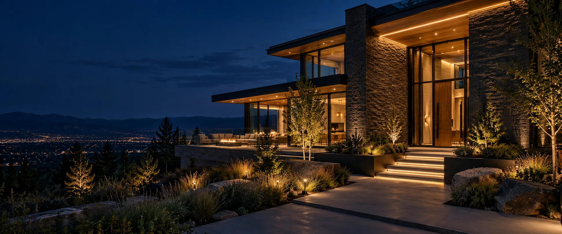Warm architectural lighting on a contemporary home at dusk