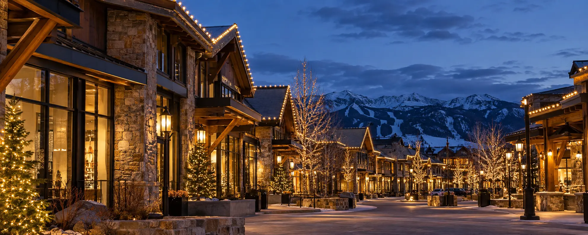 Colorado shopping center with warm-white holiday roofline lights at blue hour