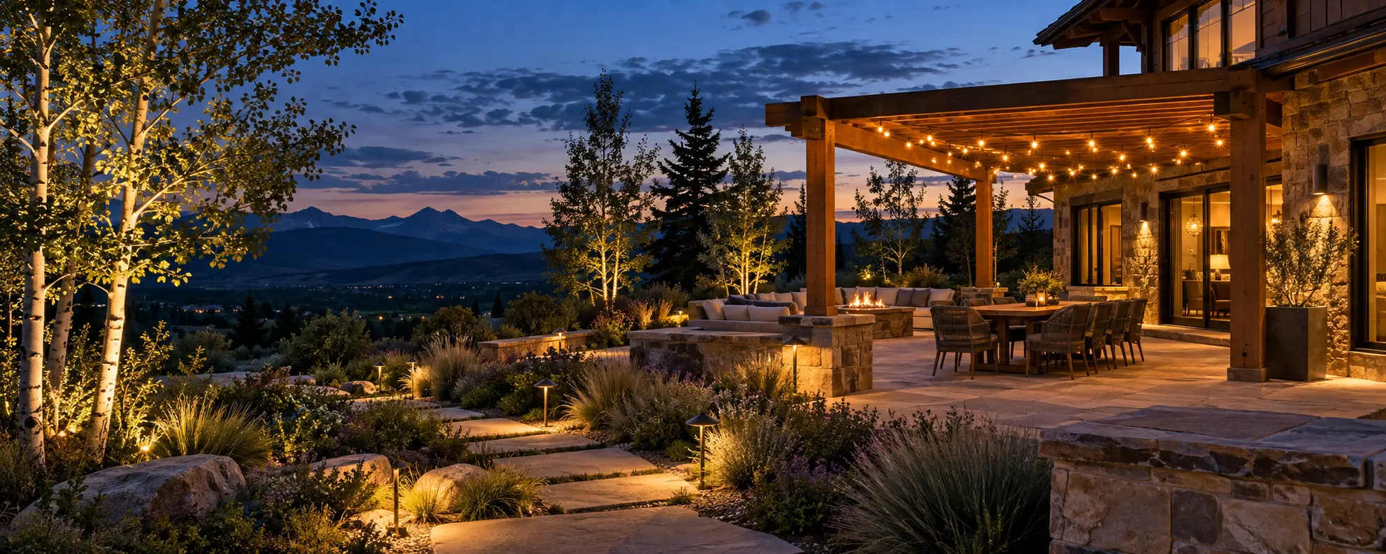 Colorado patio with bistro string lights and warm low-glare landscape lighting at blue hour
