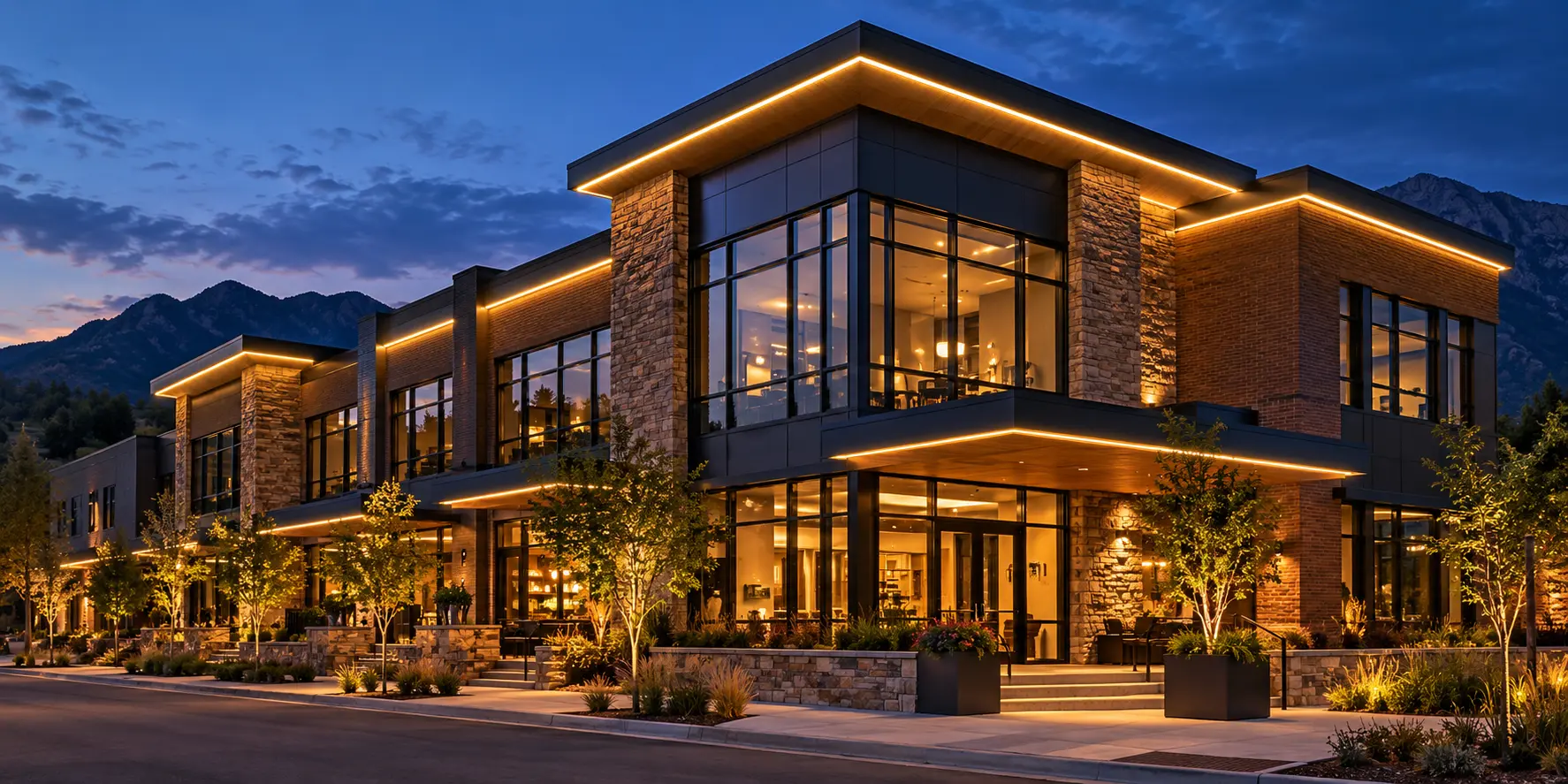 Commercial building with permanent warm linear roofline lighting at dusk