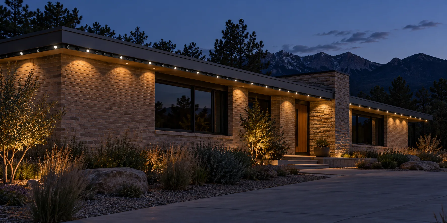 Single-story mid-century brick home with discreet fascia-edge lighting tracks and spaced warm LED accents
