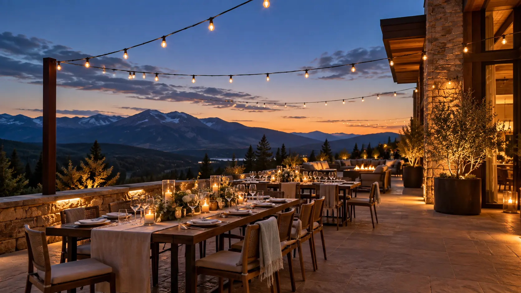 Outdoor dinner event with bistro string lights at dusk